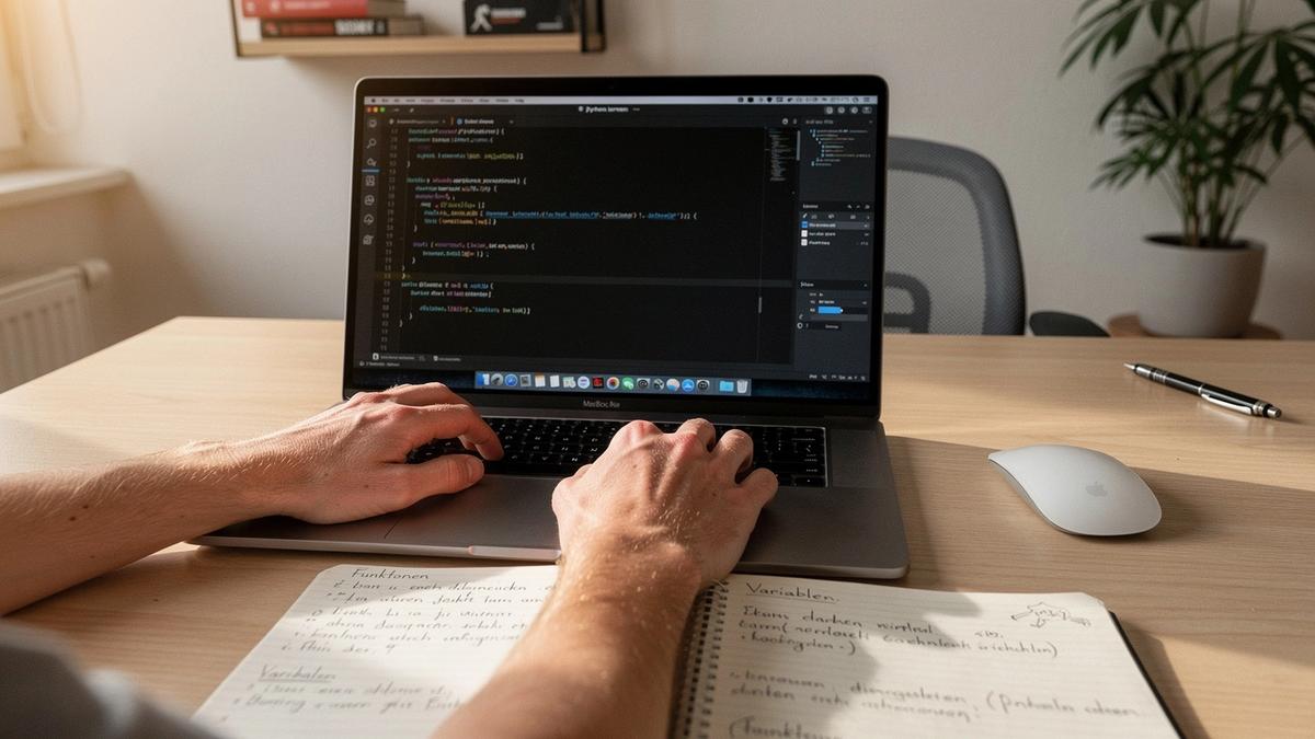 Anfängerfreundliches Programmieren am Laptop mit Notizen und Code auf dem Bildschirm